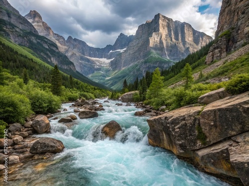 Majestic Mountain River Flowing Through a Rocky Canyon Surrounded by Towering Peaks - Ideal for Nature and Adventure Themes with Space for Text Overlay