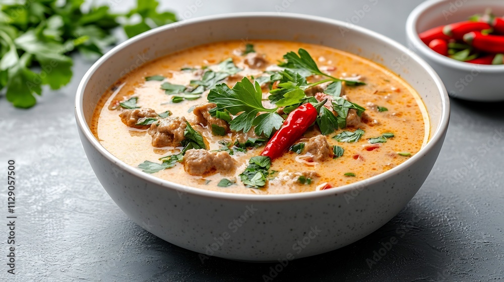 Panang Curry Served in Ceramic Bowl with Fresh Herbs and Chilies on Pastel Background Panang Curry Served in Ceramic Bowl with Fresh Herbs and Chilies on Pastel Background