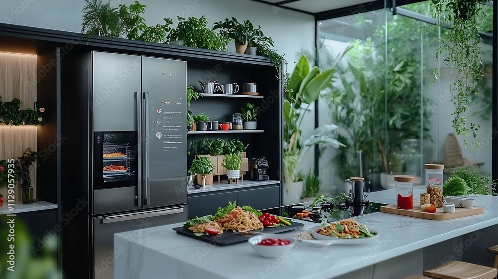 Personalized Glowing Kitchen Station Featuring AI Driven Pad Thai Recipes and Health Analytics