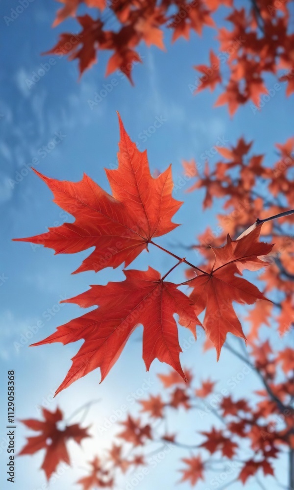 A single maple leaf with bright red vibrant color against a clear blue sky background, , clear blue sky A single maple leaf with bright red vibrant color against a clear blue sky background, , clear blue sky