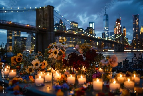 Vibrant Memorial with Candles and Flowers at Brooklyn Bridge Against a Sparkling City Skyline During Evening Twilight photo