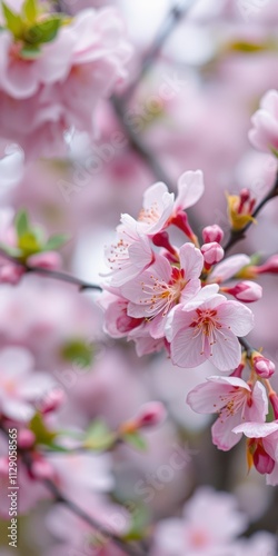 Cherry blossoms bloom vibrantly on branches in springtime garden setting with soft pink hues in focus