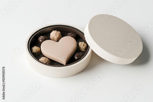 Mockup of round chocolate box with candies inside, on white background, branding