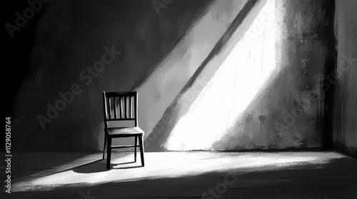A chair sits alone in an empty room, the dim light revealing nothing but shadows and silence. Echo. Illustration