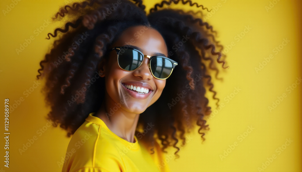 Young black woman wearing sunglasses and a yellow top, smiling brightly.
Young black woman wearing sunglasses and a yellow top, smiling brightly.