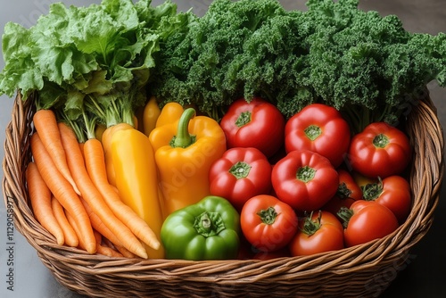 Freshly harvested vegetables in a wicker basket showcasing vibrant colors and healthy greens, ideal for meal preparation or display in a kitchen setting