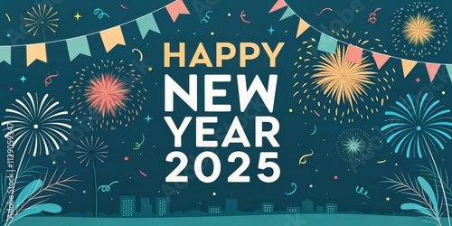 Vibrant New Year 2025 Design with Fireworks, Pennants, and Cityscape