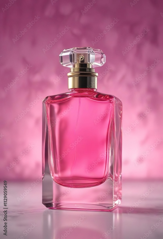 Perfume bottle with pink liquid and blurred background, atmosphere, background, surface Perfume bottle with pink liquid and blurred background, atmosphere, background, surface