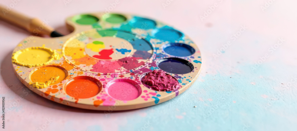 Vibrant paint palette with colorful splatters on canvas surface