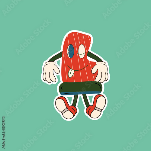 A lazy red sock character with arms and legs, wearing red shoes and sticking out its tongue. Perfect for fun, playful designs related to clothing, fashion, and winter.
