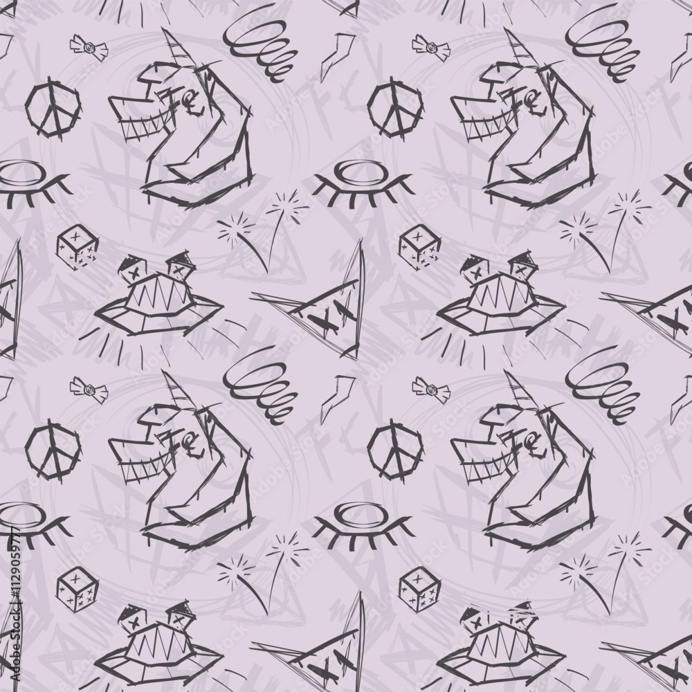 Seamless graffiti-style pattern with inky creepy elements of evil beasts and faces, futuristic and cyberpunk vibe on concrete background.Industrial elements, dynamic and aggressive aesthetics Seamless graffiti-style pattern with inky creepy elements of evil beasts and faces, futuristic and cyberpunk vibe on concrete background.Industrial elements, dynamic and aggressive aesthetics