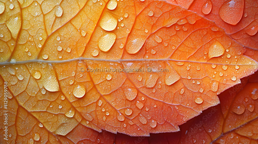Fototapeta premium Close-up photography of raindrops resting on a vibrant autumn leaf, with intricate vein patterns and vivid orange hues highlighted by the moisture.
