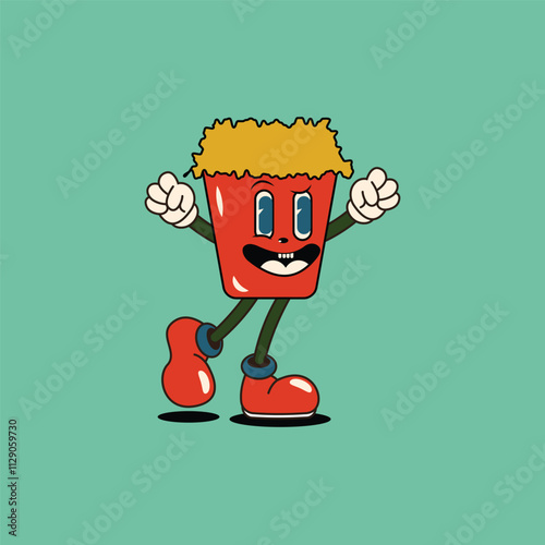 A cheerful red Ice Mug character with arms and legs, wearing red shoes and filled with hay. Perfect for fun, playful designs related to coffee, tea, or beverages.