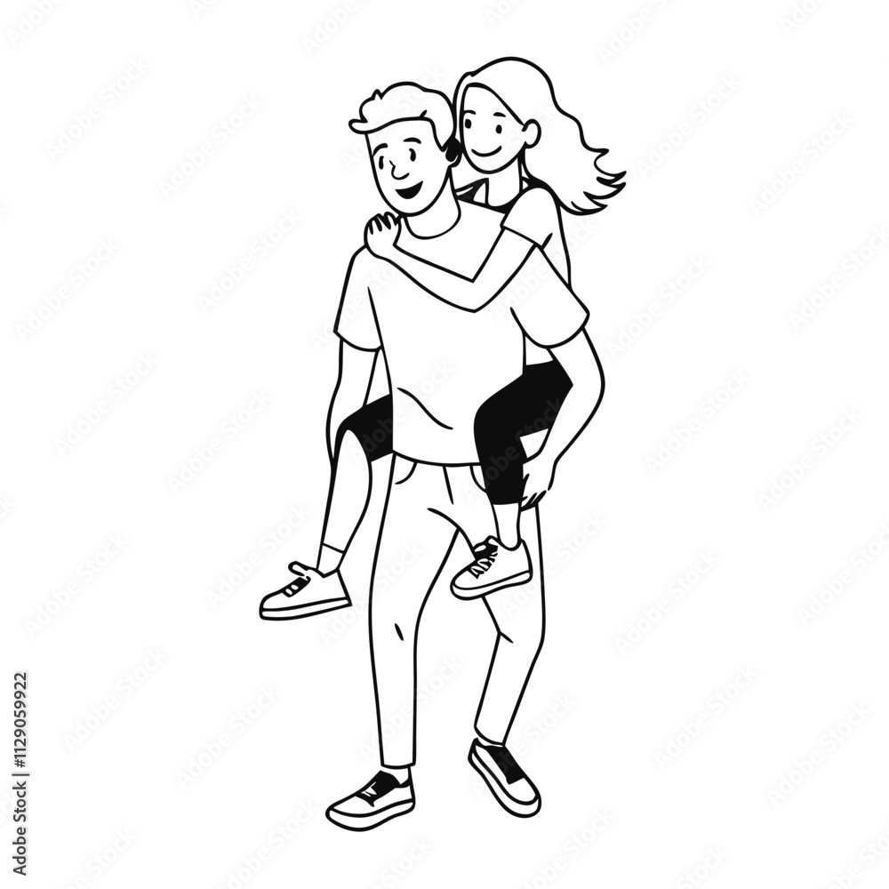 a black and white line drawing of a man carrying a woman on his back a black and white line drawing of a man carrying a woman on his back