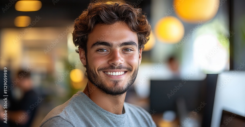 Young smiling man sitting in a modern office environment while working on his computer during the day with bright lighting and a relaxed atmosphere