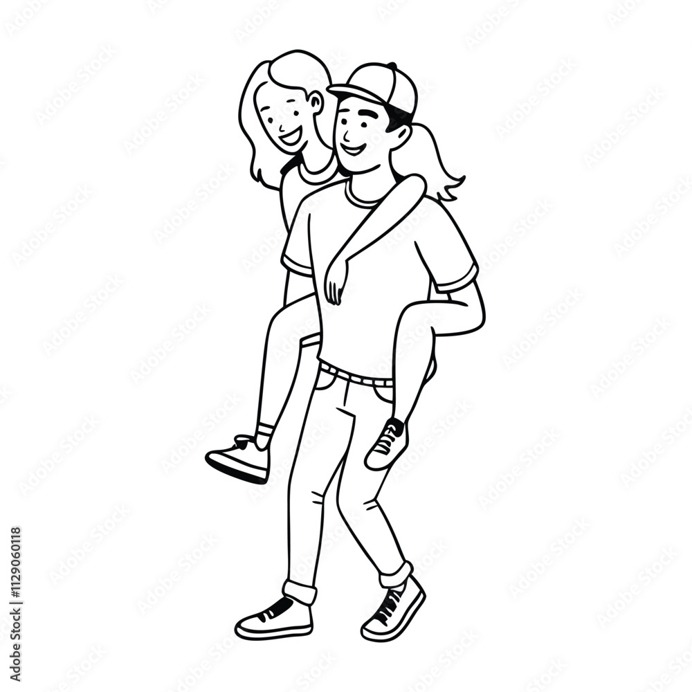 a black and white line drawing of a man carrying a woman on his back a black and white line drawing of a man carrying a woman on his back
