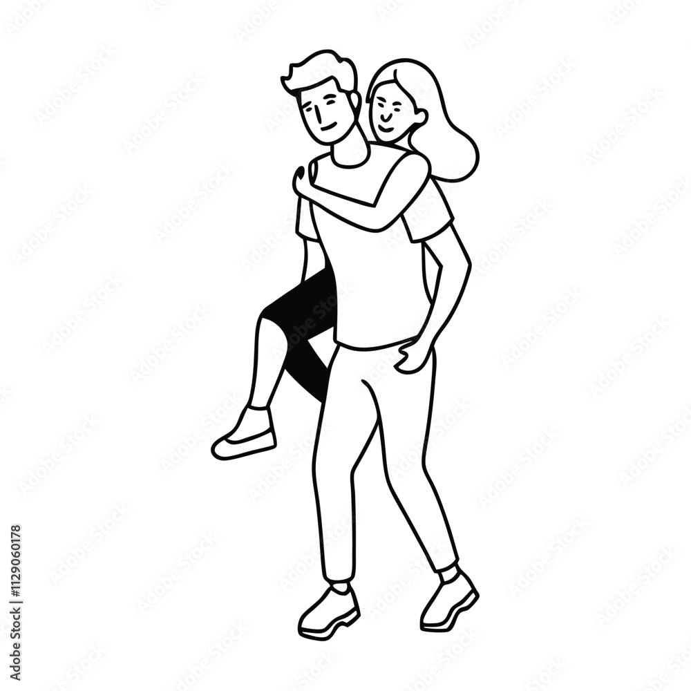 a black and white line drawing of a man carrying a woman on his back a black and white line drawing of a man carrying a woman on his back