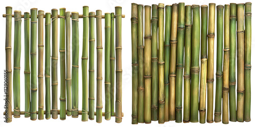 Two panels of bamboo arranged vertically, showcasing varying shades of green and brown, highlighting the natural texture and structure of the bamboo.