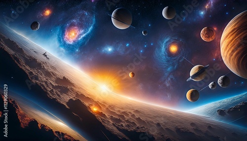 a display of various celestial bodies in a galaxy nebula and galaxies in space abstract cosmos background