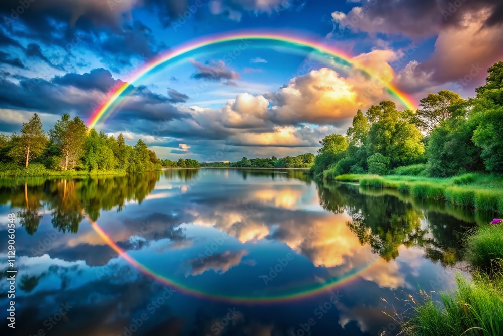 Mesmerizing Rainbow Reflection in Tranquil Still Water Surfaces Capturing Nature's Colorful Harmony and Serene Beauty in a Dreamlike Landscape Mesmerizing Rainbow Reflection in Tranquil Still Water Surfaces Capturing Nature's Colorful Harmony and Serene Beauty in a Dreamlike Landscape