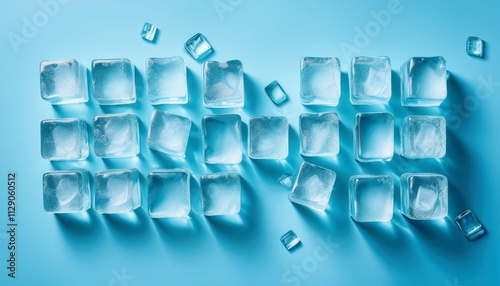 flat lay with crystal clear ice cubes on a light blue background providing ample copy space for the image