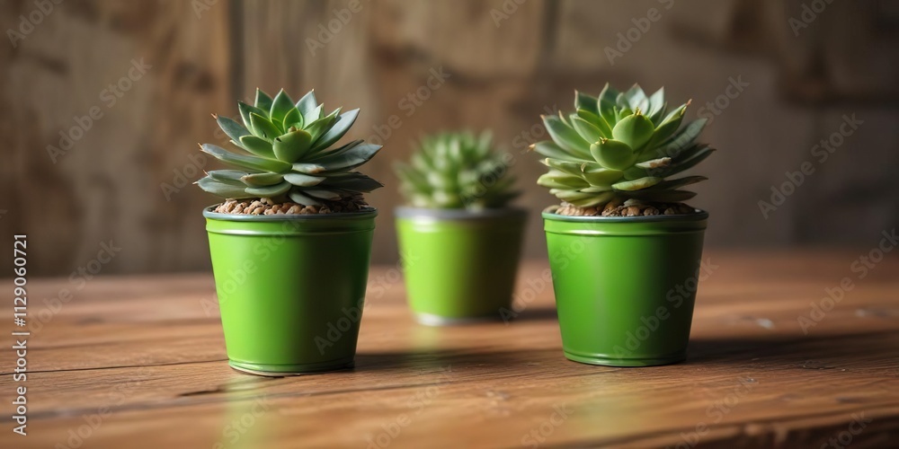 A small green succulent plant perched in a bright green metal cup on a wooden table , smallplant, indoorplants, minimalistdecor A small green succulent plant perched in a bright green metal cup on a wooden table , smallplant, indoorplants, minimalistdecor