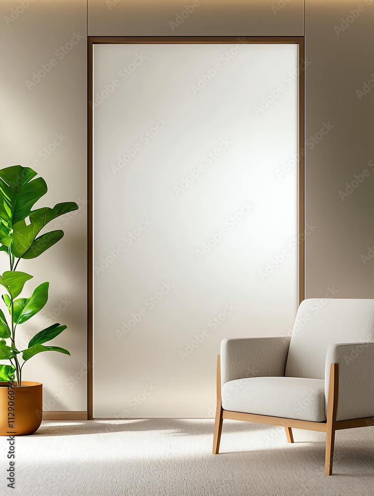 A modern, minimalistic interior featuring a soft armchair, lush plant, and a light-filled space with an elegant frosted door. A modern, minimalistic interior featuring a soft armchair, lush plant, and a light-filled space with an elegant frosted door.