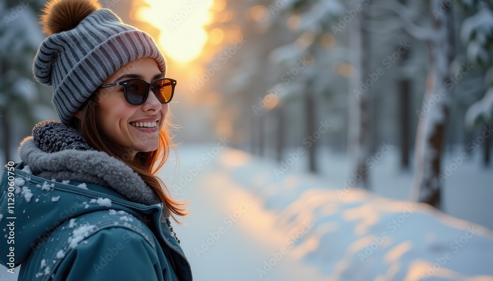 Woman in a winter hat and sunglasses smiling in a snowy forest with sunlight filtering through the trees.
Woman in a winter hat and sunglasses smiling in a snowy forest with sunlight filtering through the trees.