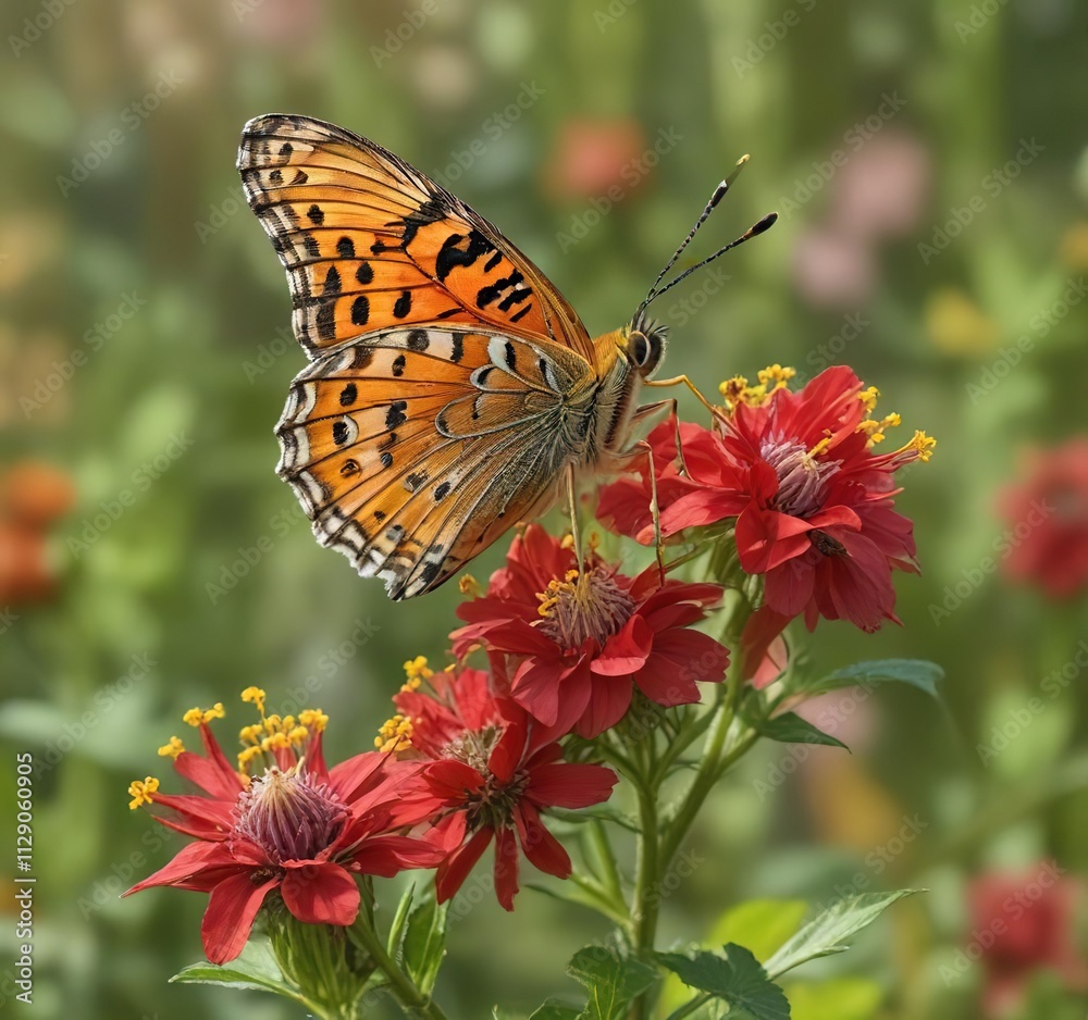 A Small Pearl bordered Fritillary Boloria selene perched on a red Blackberry flower in a vibrant wildflower meadow, insect, flowers