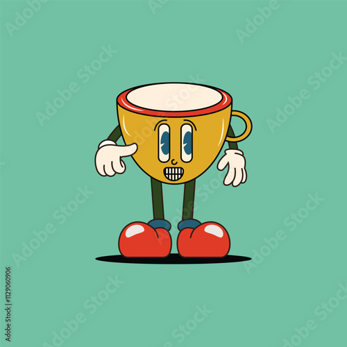 A cheerful yellow cup character with arms and legs, wearing red shoes and pointing. Perfect for fun, playful designs related to coffee, tea, or beverages.