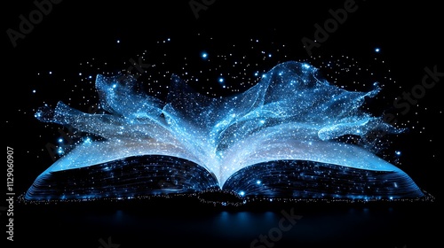 An open book with pages turning into glowing light