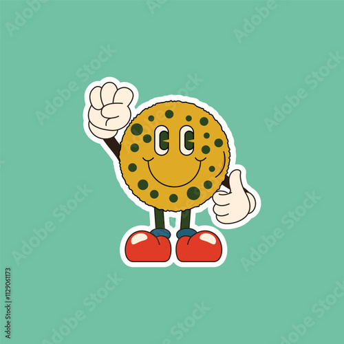 A cheerful cookie character with arms and legs, wearing red shoes and giving a thumbs up. Perfect for fun, playful designs related to food, snacks, and bakery.