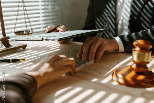 Lawyer receiving money from a client in an office, showing corruption and bribery. Shadows and light create a shady atmosphere, highlighting risks and consequences photo