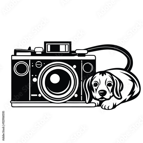 a vector silhouette illustration featuring a camera and a cute dog lying on its side,