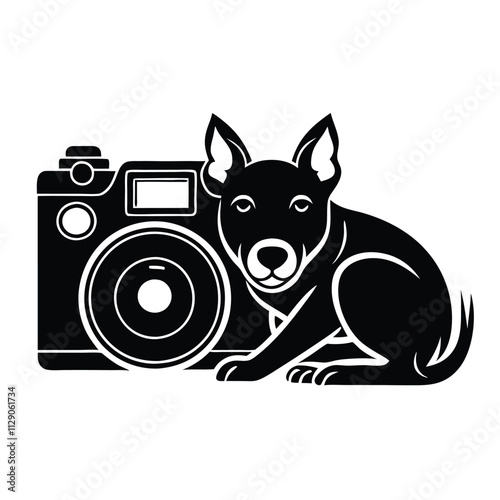 a vector silhouette illustration featuring a camera and a cute dog lying on its side,