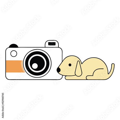 a vector silhouette illustration featuring a camera and a cute dog lying on its side,