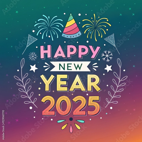 Circular Happy New Year 2025 Graphic Design with Fireworks and Snowflakes