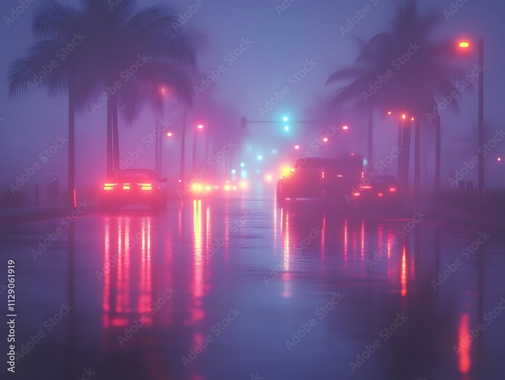 Fototapeta premium Nighttime Foggy Drive Through Tropical Cityscape