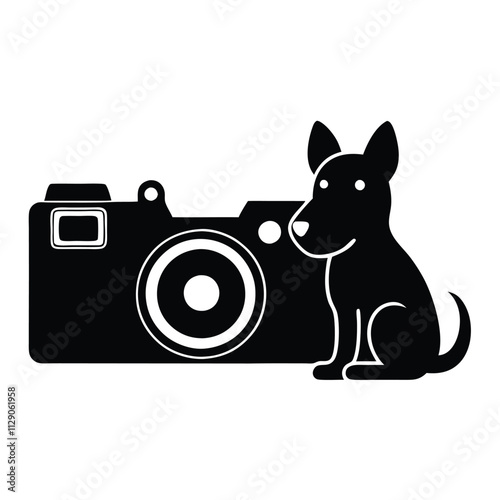 a vector silhouette illustration featuring a camera and a cute dog lying on its side,
