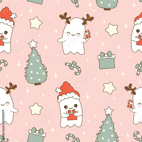 cute hand drawn cartoon character baby ghost with reindeer antler and candy cane and with santa claus hat funny christmas holiday seamless vector pattern background illustration  photo