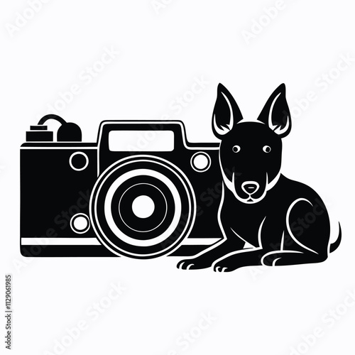 a vector silhouette illustration featuring a camera and a cute dog lying on its side,