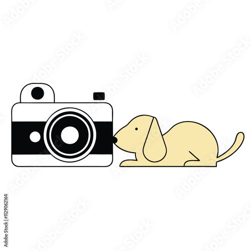 a vector silhouette illustration featuring a camera and a cute dog lying on its side,