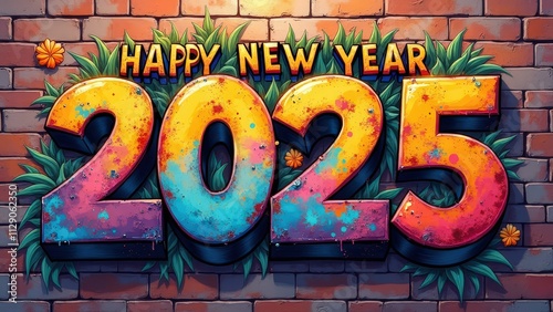 Vibrant Graffiti Art for Happy New Year 2025 on a Brick Wall