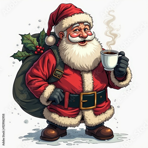 Cartoon Santa Claus with Coffee Mug and Gift Sack on Snowy Ground