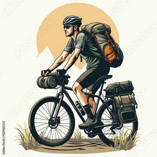Man Cycling on Mountain Trail with Sunset Background and Large Backpack