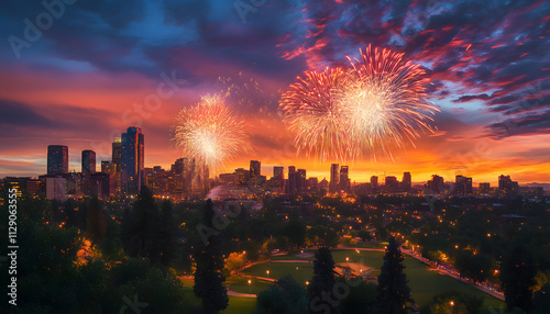 Cityscape Fireworks Display at Sunset Over City Skyline photo