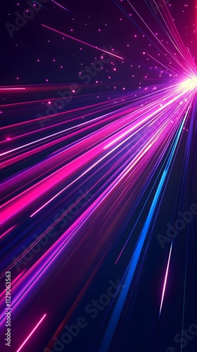 Abstract background with colorful rays of light, speed lines, and glowing neon blue, red, pink, and purple lights in motion