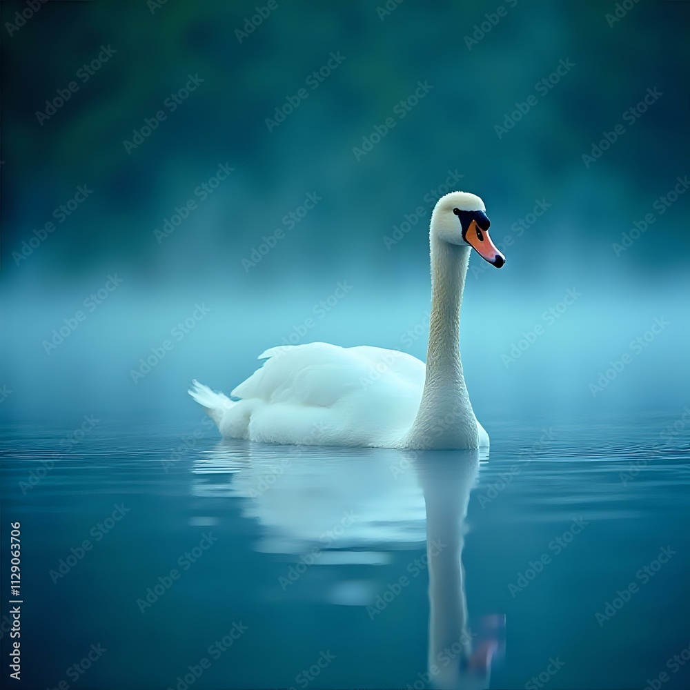 Fototapeta premium A majestic white swan glides across a tranquil, misty water surface, its reflection mirroring its elegant form as it moves away from the camera.
