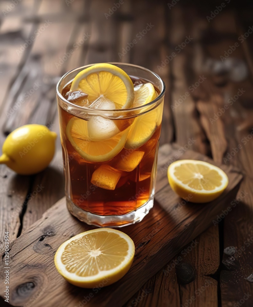 Refreshing iced tea, lemon slices, rustic wood, moody lighting, photography, still life Refreshing iced tea, lemon slices, rustic wood, moody lighting, photography, still life