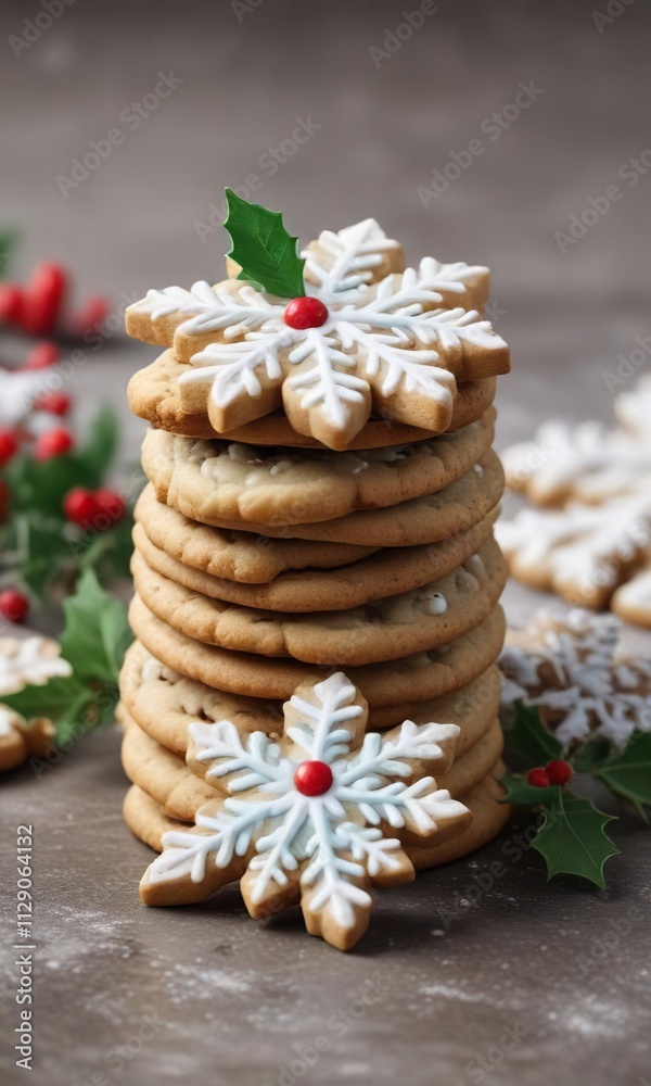 Fototapeta premium A stack of Christmas cookies with snowflakes and holly sprigs , christmas cookies, xmas baking